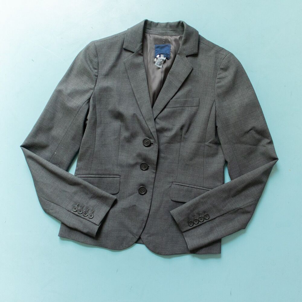J Crew Vintage Y2K Dark Gray Button Blazer Jacket Size 2 Wool Blend Business